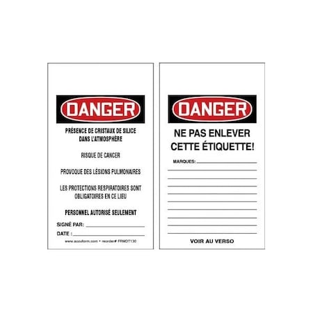 Accuform French Safety Tags, DANGER RESPIRABLE CRYSTALLINE SILICA, 5.75in x 3.25in, PF-Cardstock, 25PK FRMDT130CTP